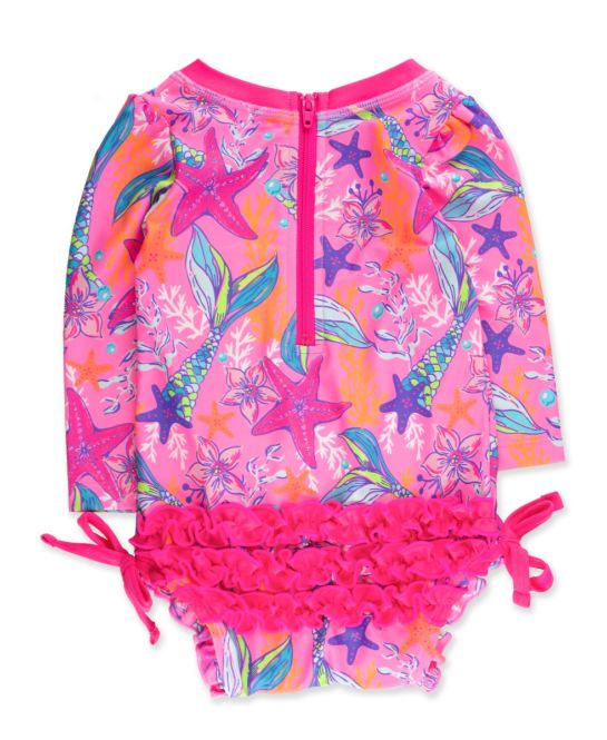 Neon Shimmer Mermaid LS One Piece Rash Guard Swimsuit