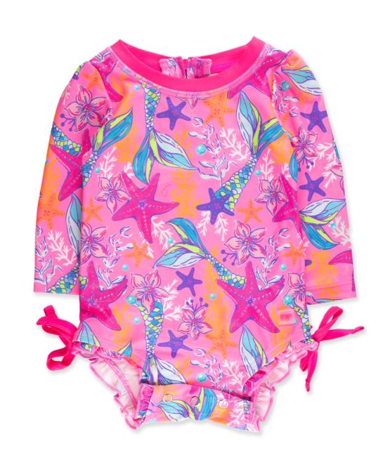 Neon Shimmer Mermaid LS One Piece Rash Guard Swimsuit