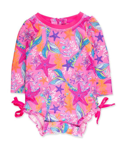 Neon Shimmer Mermaid LS One Piece Rash Guard Swimsuit