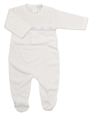 White and Blue Pima Smocked Footie