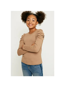 Camel Pleated Puff Sleeve Top – Sprout Kids