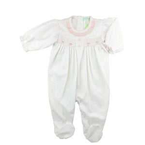 Pink Dots Hand Smocked Pima Cotton Baby Footie