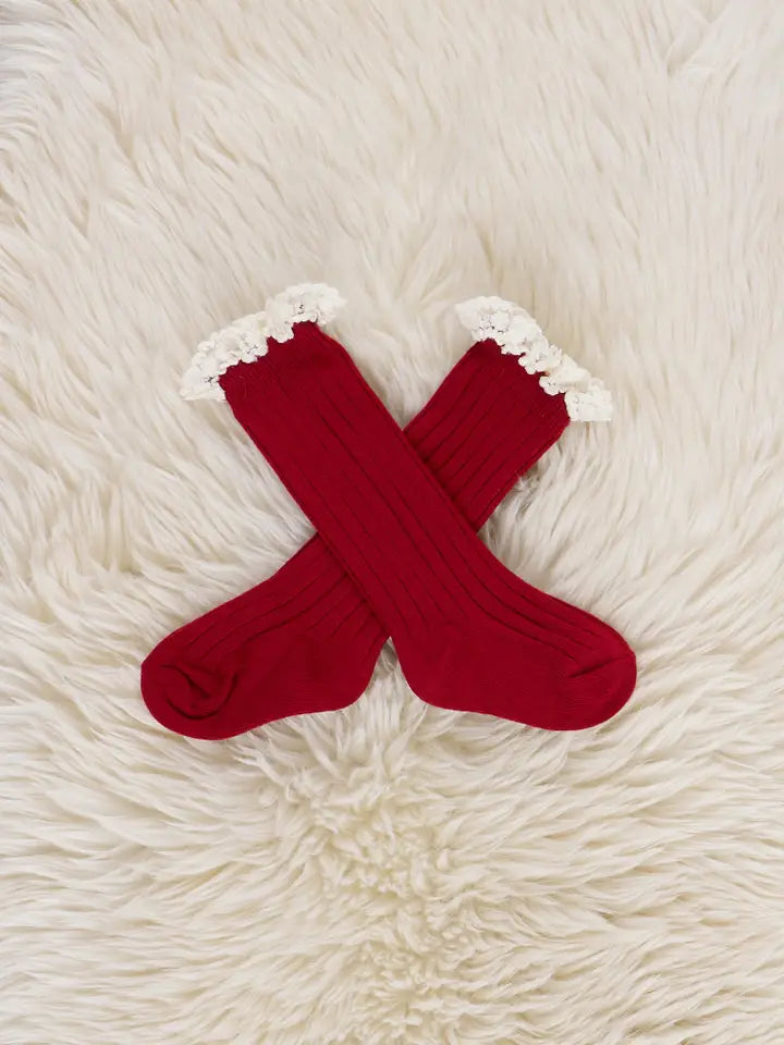 Red Lace Trim Knee Socks